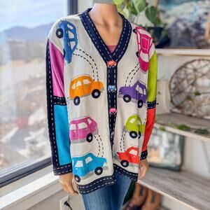 Rare Vintage 1990’s HSN Storybook Knits “Traffic Jam” Cardigan, Women’s Large